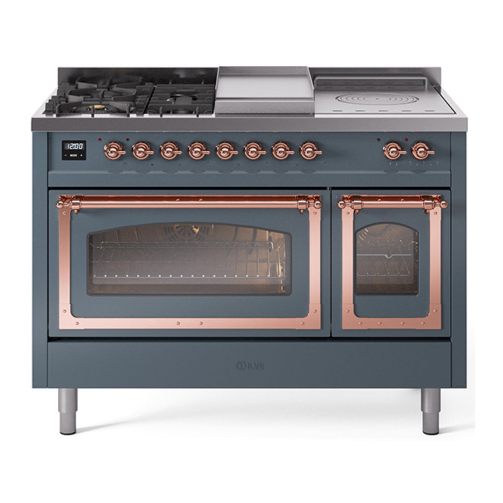 ILVE Nostalgie II Noblesse 48" Blue Grey Dual Fuel Range with 5 Burners, Griddle and French Top Triple Glass Door Natural Gas