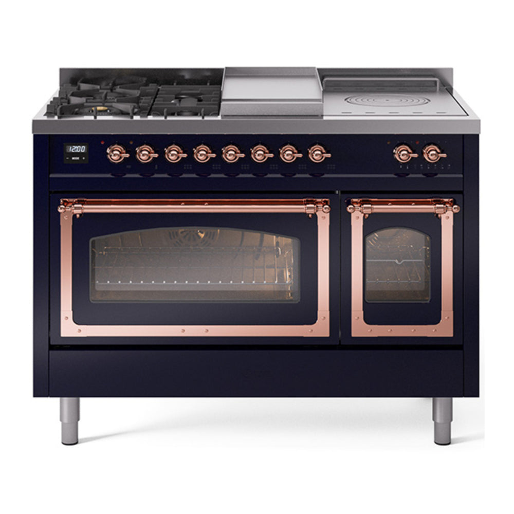 ILVE Nostalgie II Noblesse 48" Midnight Blue Dual Fuel Range with 5 Burners, Griddle and French Top Triple Glass Door Natural Gas