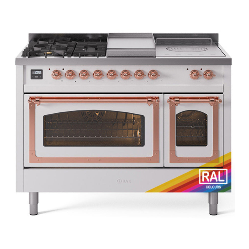 ILVE Nostalgie II Noblesse 48" RAL Dual Fuel Range with 5 Burners, Griddle and French Top Triple Glass Door Natural Gas