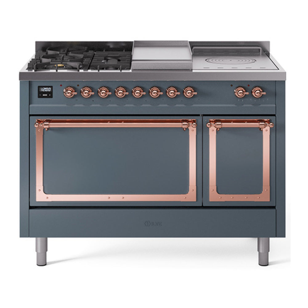 ILVE Nostalgie II Noblesse 48" Blue Grey Dual Fuel Range with 5 Burners, Griddle and French Top Solid Door Natural Gas