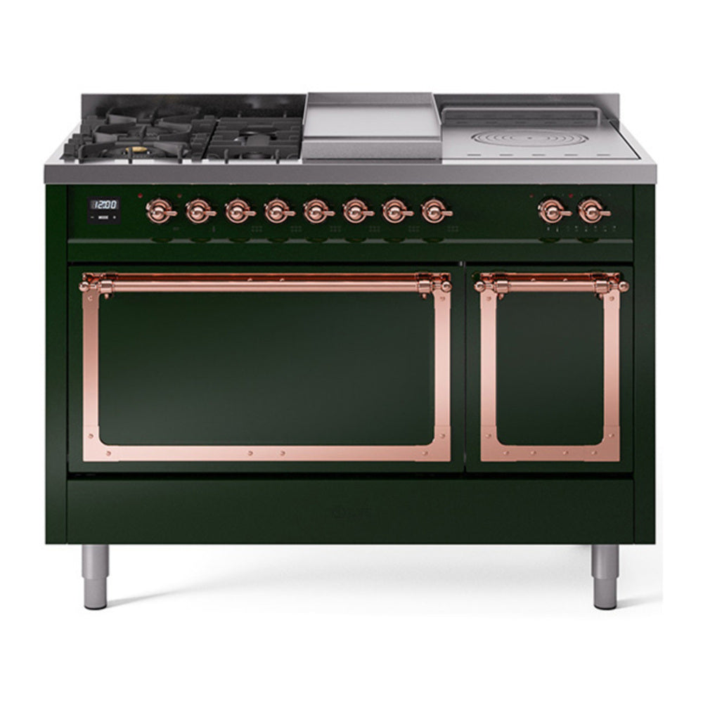 ILVE Nostalgie II Noblesse 48" Emerald Green Dual Fuel Range with 5 Burners, Griddle and French Top Solid Door Natural Gas