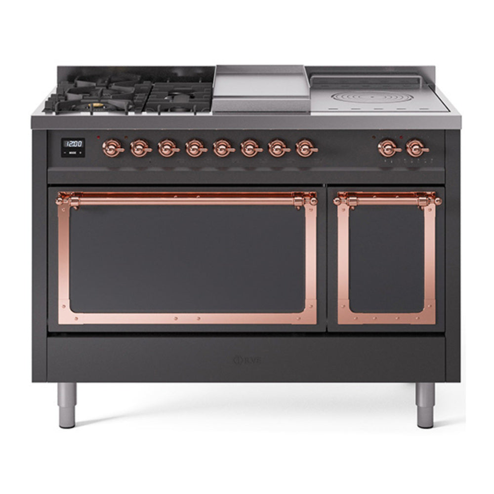 ILVE Nostalgie II Noblesse 48" Graphite Matte Dual Fuel Range with 5 Burners, Griddle and French Top Solid Door Natural Gas