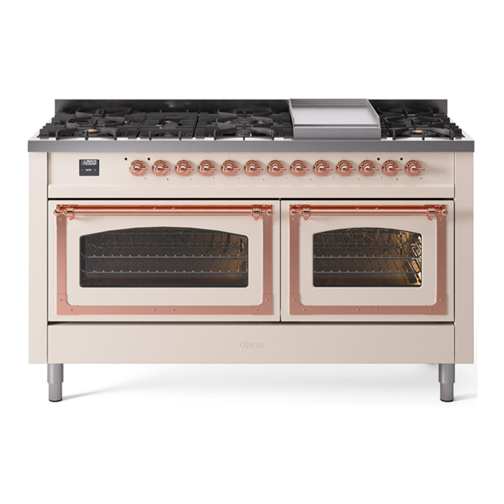 ILVE Nostalgie II Noblesse 60" Antique White Dual Fuel Range with 9 Burners and Griddle Triple Glass Door Natural Gas