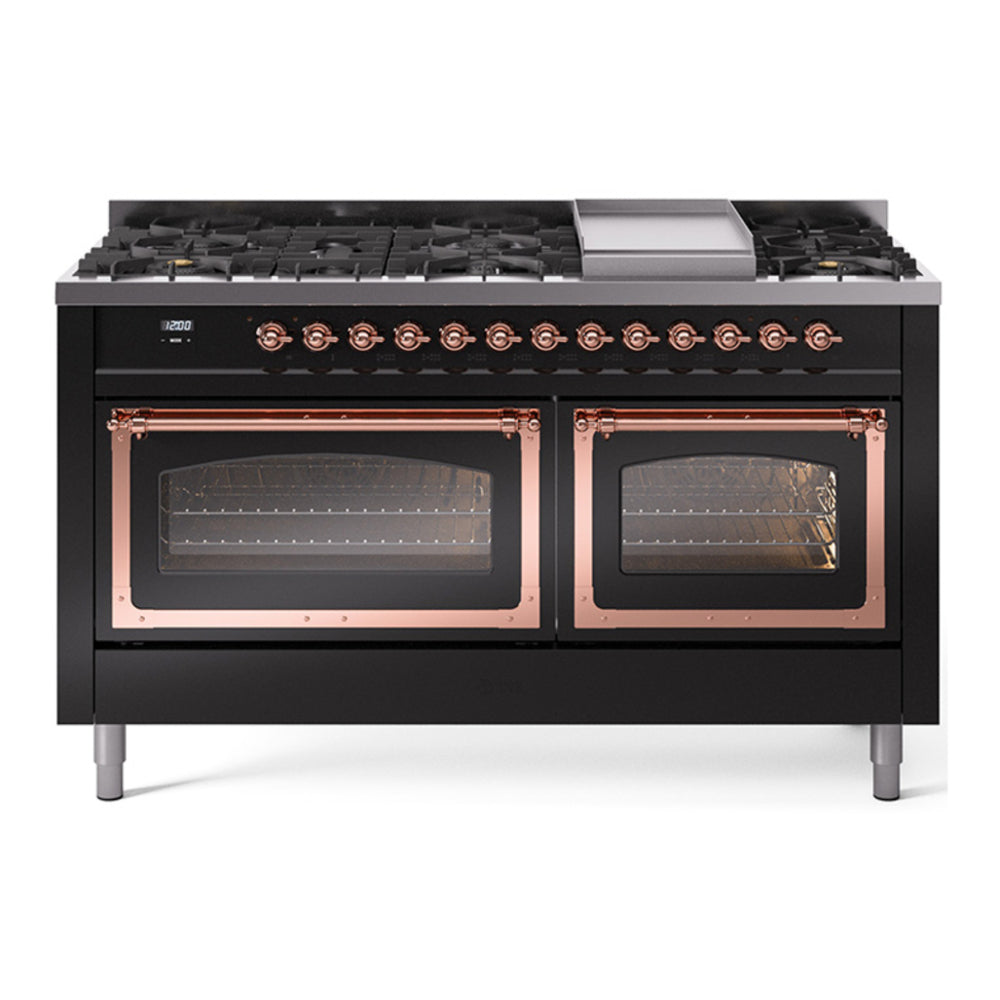 ILVE Nostalgie II Noblesse 60" Glossy Black Dual Fuel Range with 9 Burners and Griddle Triple Glass Door Natural Gas
