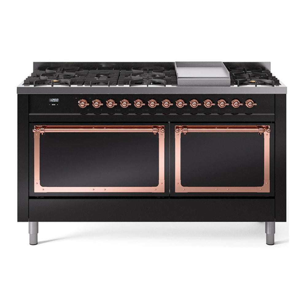 ILVE Nostalgie II Noblesse 60" Glossy Black Dual Fuel Range with 9 Burners and Griddle Solid Door Natural Gas