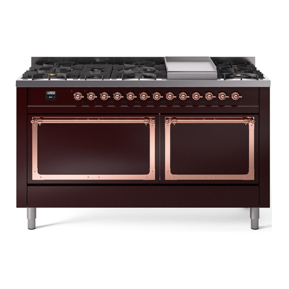 ILVE Nostalgie II Noblesse 60" Burgundy Dual Fuel Range with 9 Burners and Griddle Solid Door Natural Gas