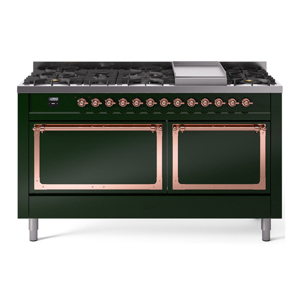 ILVE Nostalgie II Noblesse 60" Emerald Green Dual Fuel Range with 9 Burners and Griddle Solid Door Natural Gas