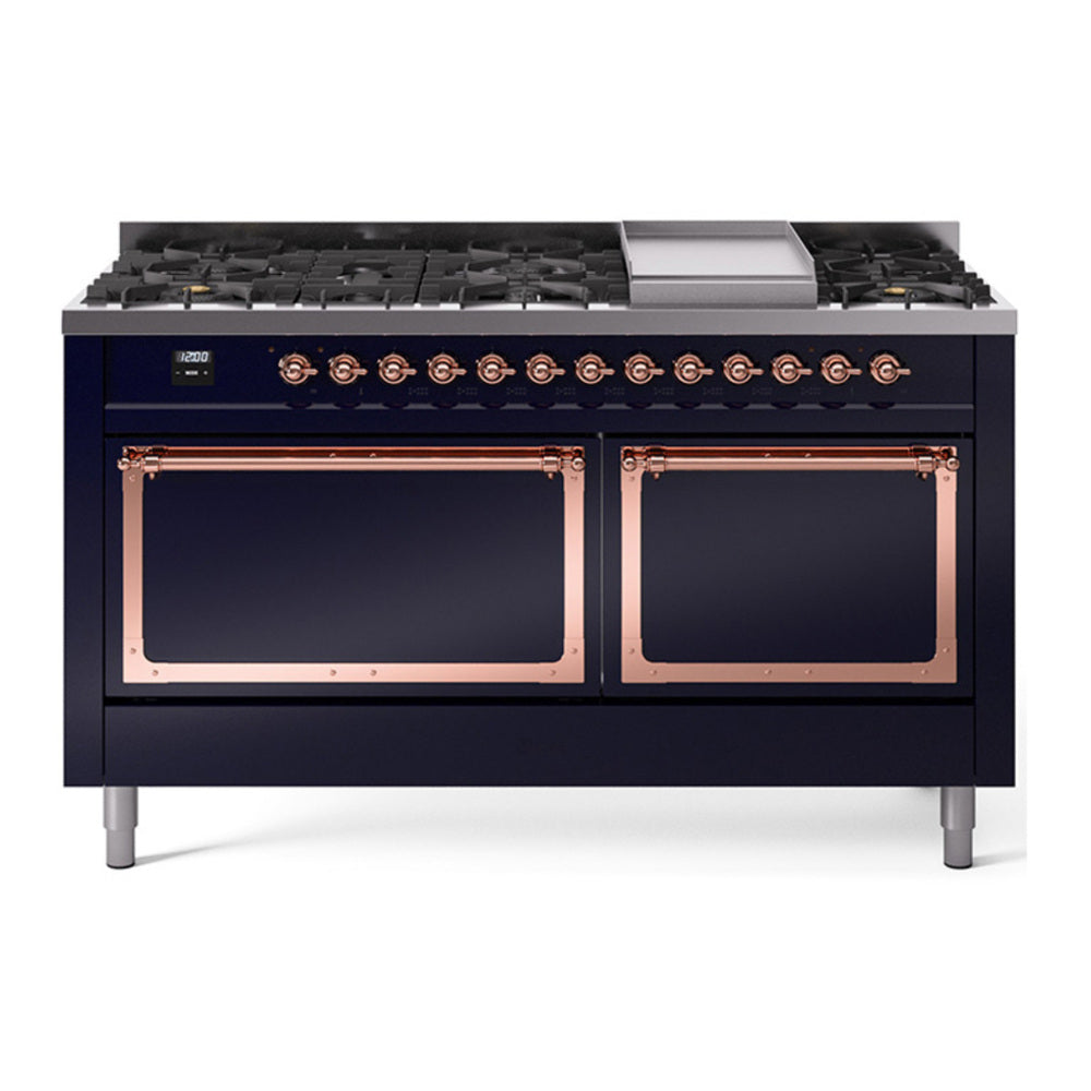 ILVE Nostalgie II Noblesse 60" Midnight Blue Dual Fuel Range with 9 Burners and Griddle Solid Door Natural Gas