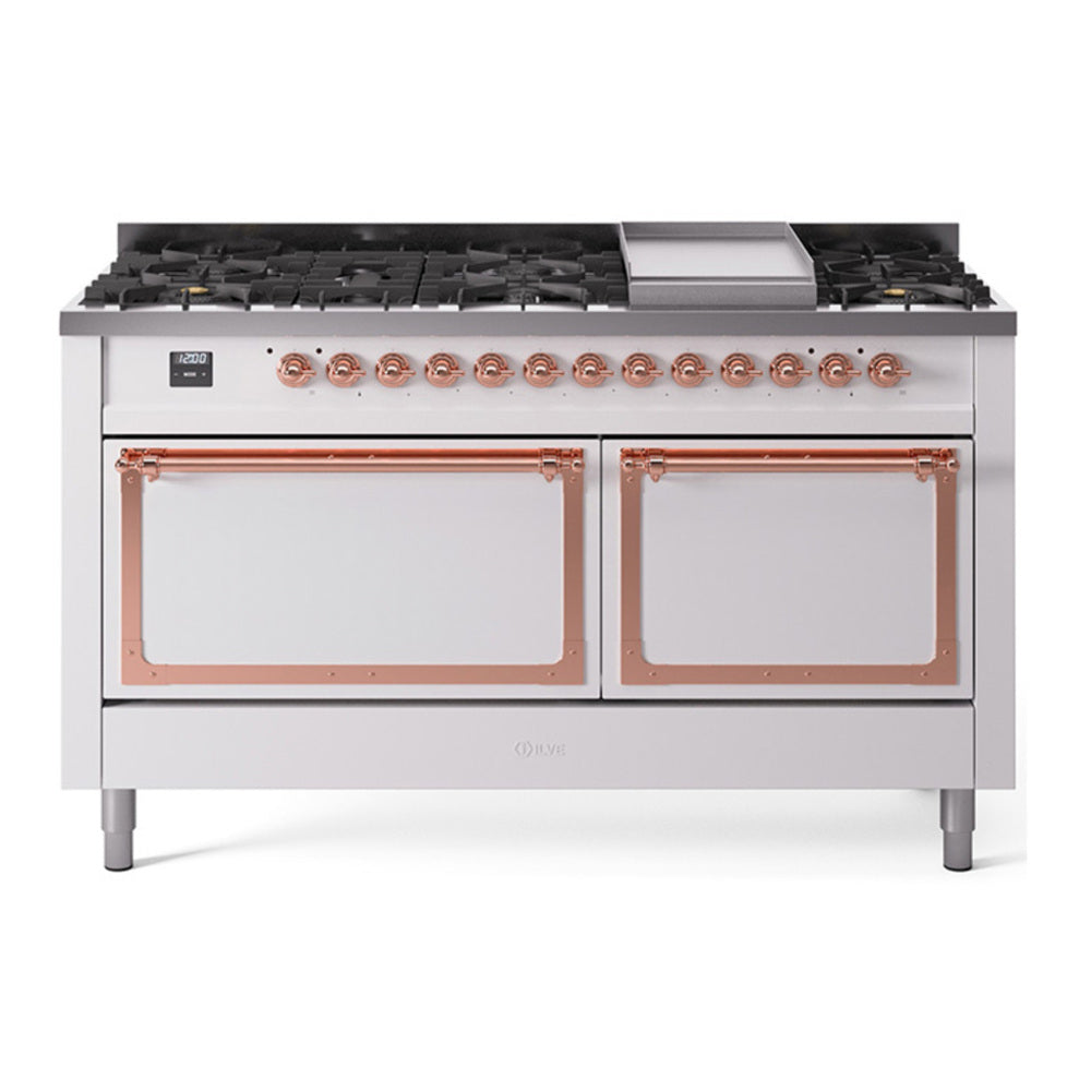 ILVE Nostalgie II Noblesse 60" White Dual Fuel Range with 9 Burners and Griddle Solid Door Natural Gas