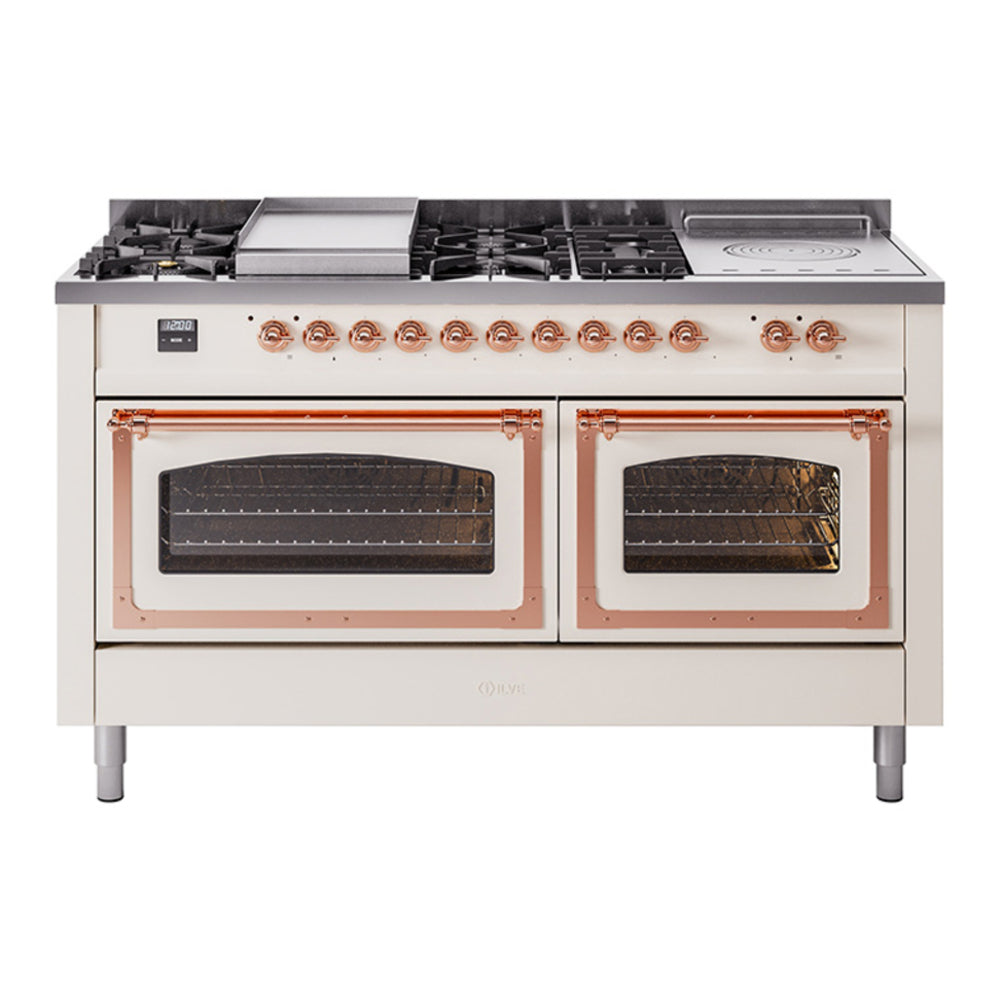 ILVE Nostalgie II Noblesse 60" Antique White Dual Fuel Range with 7 Burners, Griddle and French Top Triple Glass Door Natural Gas