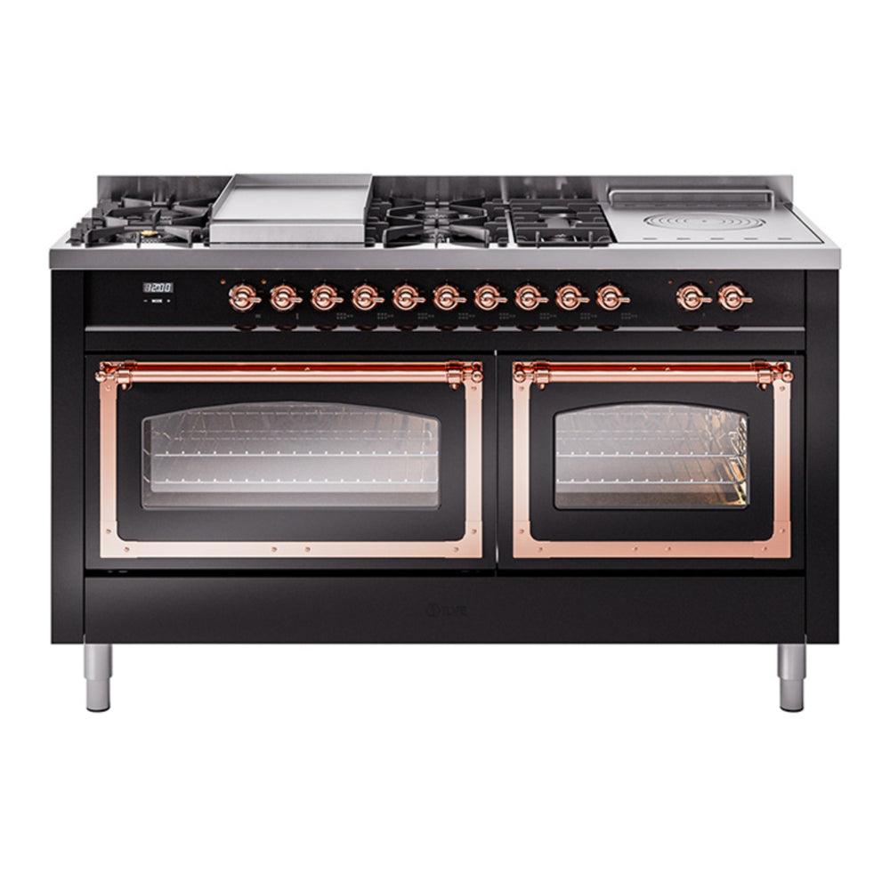 ILVE Nostalgie II Noblesse 60" Glossy Black Dual Fuel Range with 7 Burners, Griddle and French Top Triple Glass Door Natural Gas