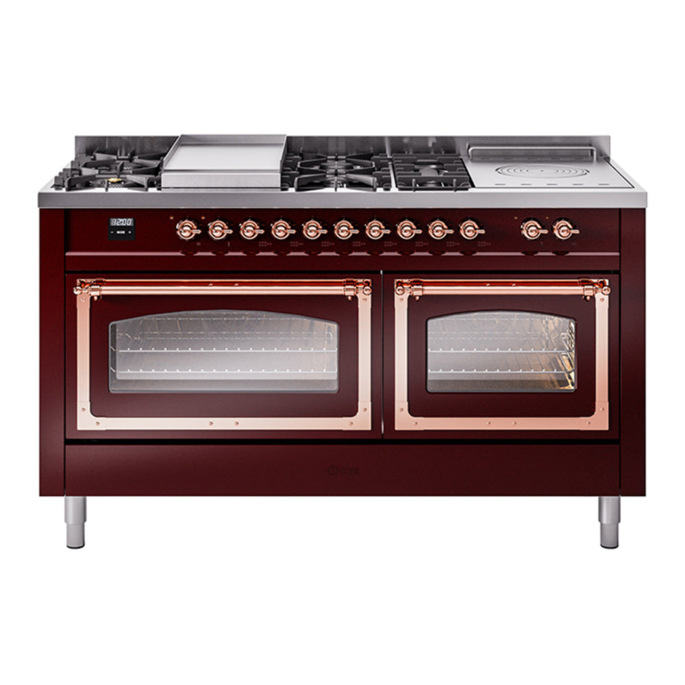 ILVE Nostalgie II Noblesse 60" Burgundy Dual Fuel Range with 7 Burners, Griddle and French Top Triple Glass Door Natural Gas