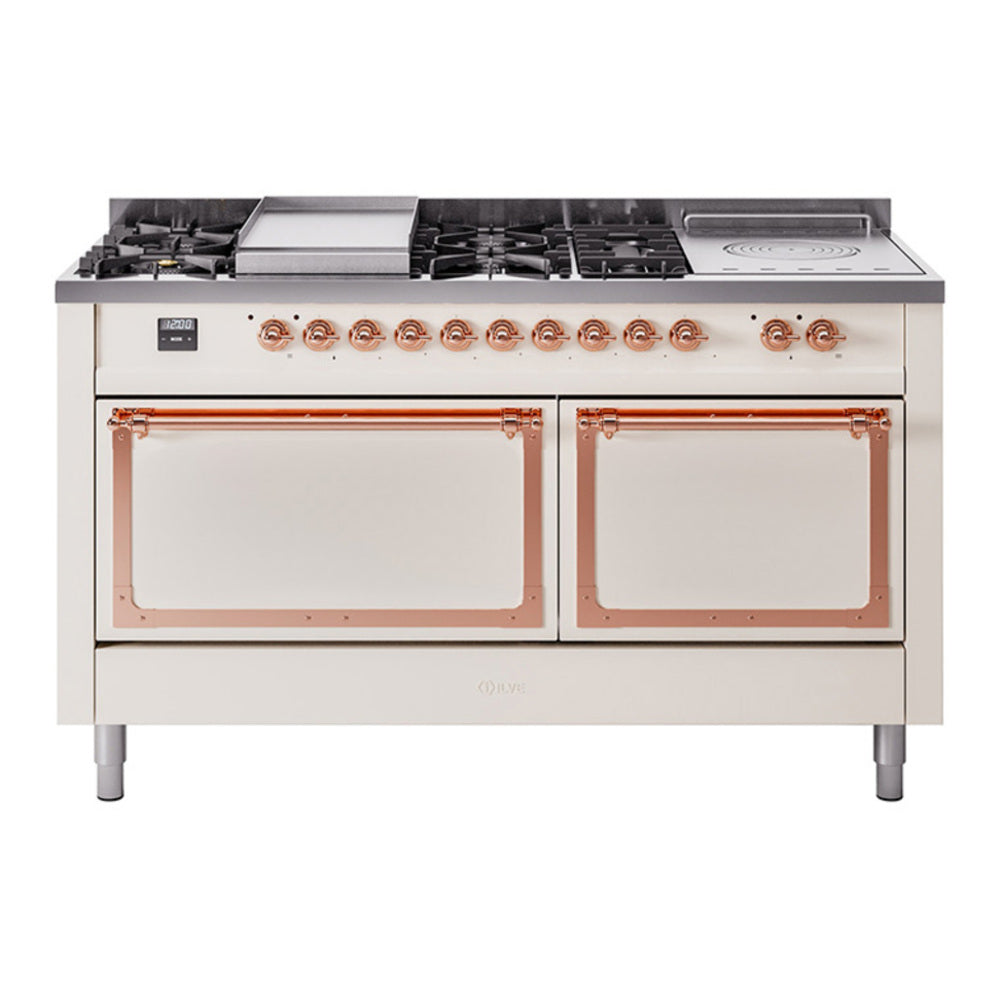 ILVE Nostalgie II Noblesse 60" Antique White Dual Fuel Range with 7 Burners, Griddle and French Top Solid Door Natural Gas