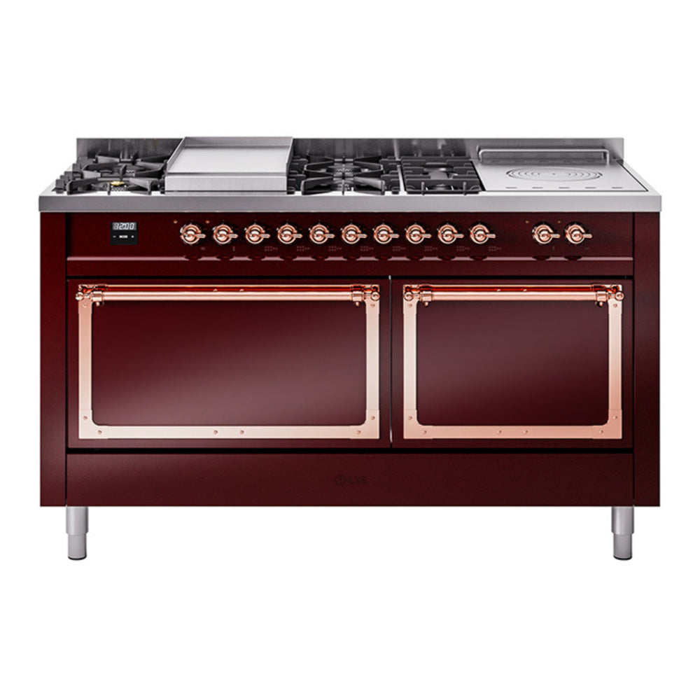 ILVE Nostalgie II Noblesse 60" Burgundy Dual Fuel Range with 7 Burners, Griddle and French Top Solid Door Natural Gas