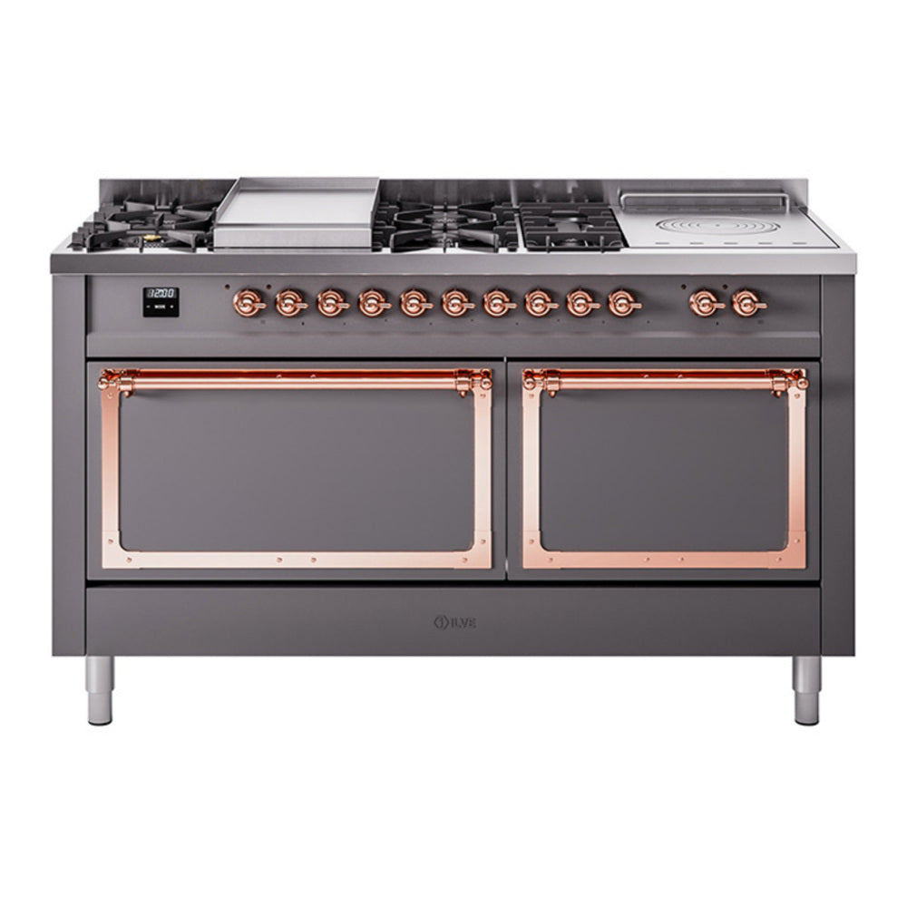 ILVE Nostalgie II Noblesse 60" Graphite Matte Dual Fuel Range with 7 Burners, Griddle and French Top Solid Door Natural Gas