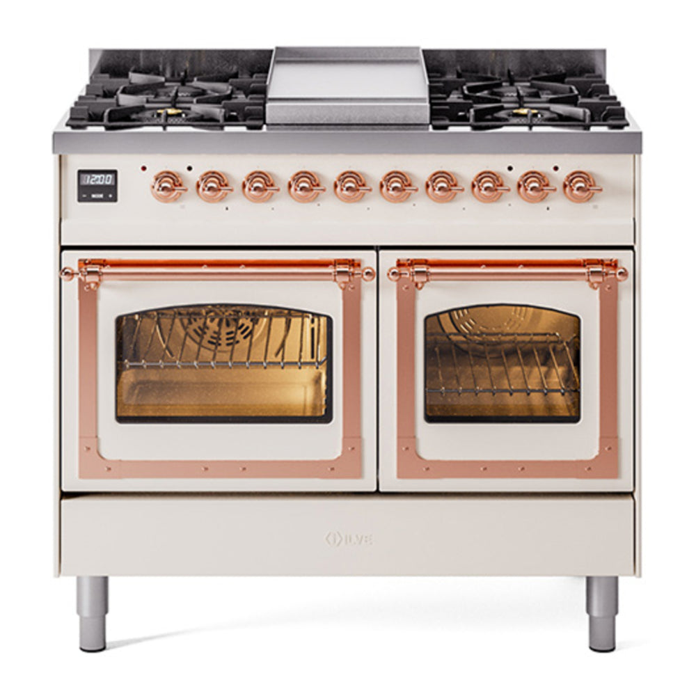 ILVE Nostalgie II Noblesse 40" Antique White Dual Fuel Range with 6 Burners and Griddle Triple Glass Door Natural Gas