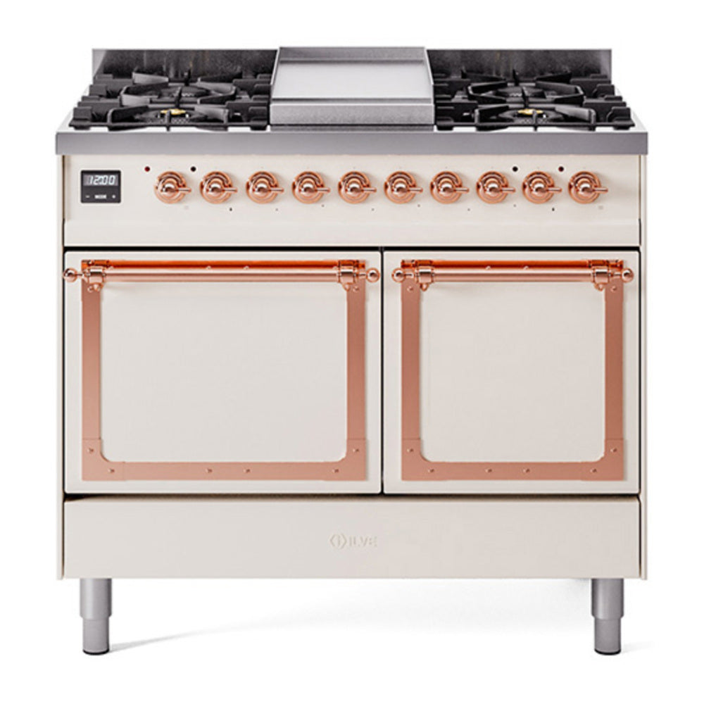 ILVE Nostalgie II Noblesse 40" Antique White Dual Fuel Range with 6 Burners and Griddle Solid Door Natural Gas