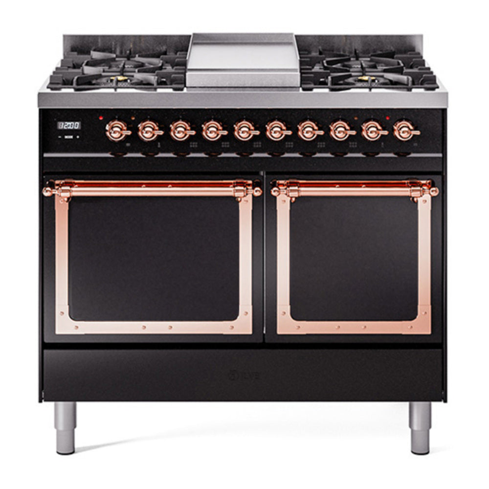 ILVE Nostalgie II Noblesse 40" Glossy Black Dual Fuel Range with 6 Burners and Griddle Solid Door Liquid Propane