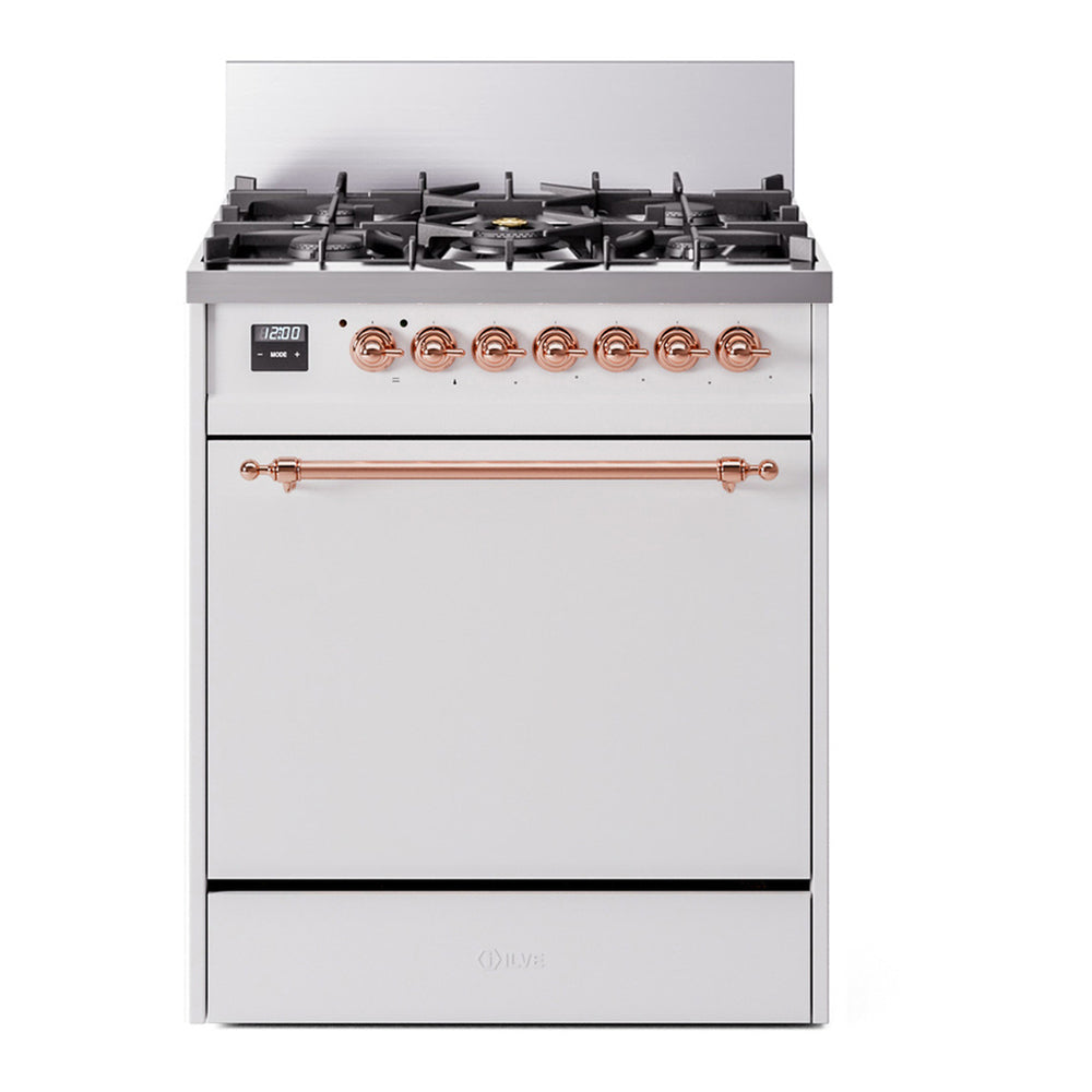 ILVE Nostalgie II 30" White Dual Fuel Range with 5 Burners Solid Door Natural Gas