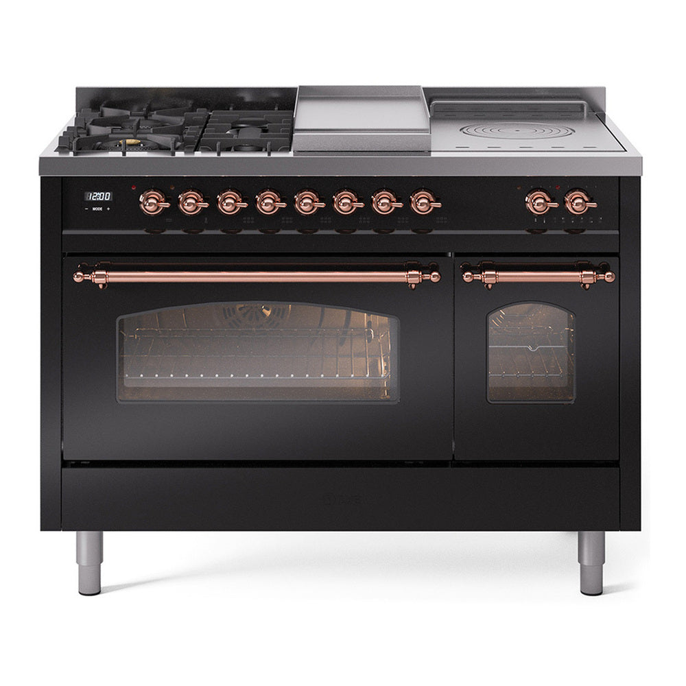 ILVE Nostalgie II 48" Glossy Black Dual Fuel Range with 5 Burners, Griddle and French Top Triple Glass Door Natural Gas