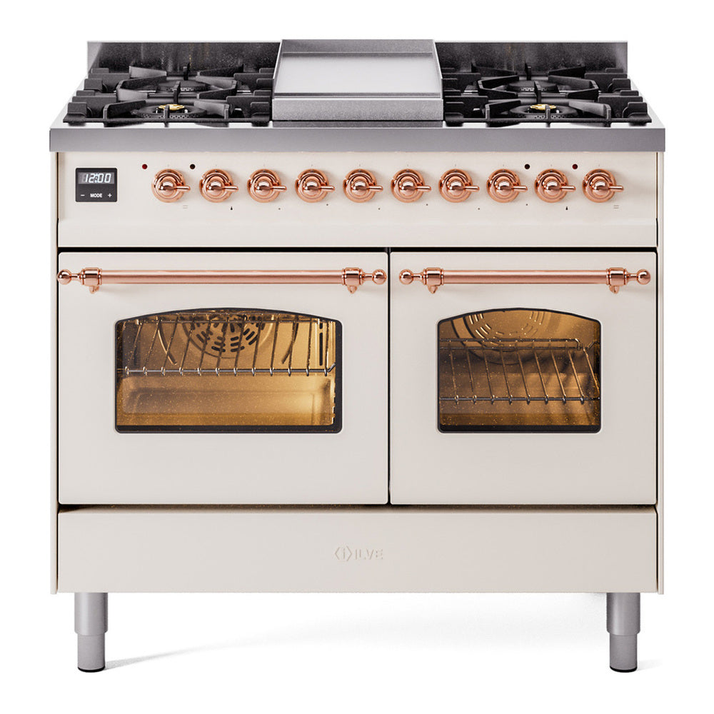 ILVE Nostalgie II 40" Antique White Dual Fuel Range with 6 Burners and Griddle Triple Glass Door Liquid Propane