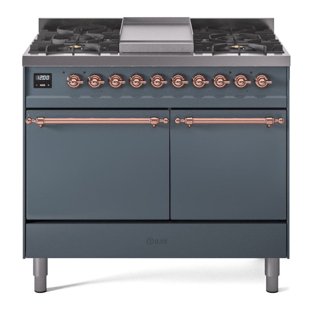 ILVE Nostalgie II 40" Blue Grey Dual Fuel Range with 6 Burners and Griddle Solid Door Natural Gas