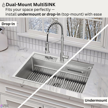 FORNO ACQUA 33 in. Drop-In/Undermount 3-Level Workstation Sink with Faucet, Waterfall & Glass Rinser