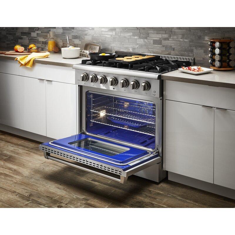 THOR Kitchen Package - 36" Propane Dual Fuel Range, Range Hood, Dishwasher, Refrigerator with Water and Ice Dispenser, HRD3606ULP-HRH3607-TRF3601FD-HDW2401SS
