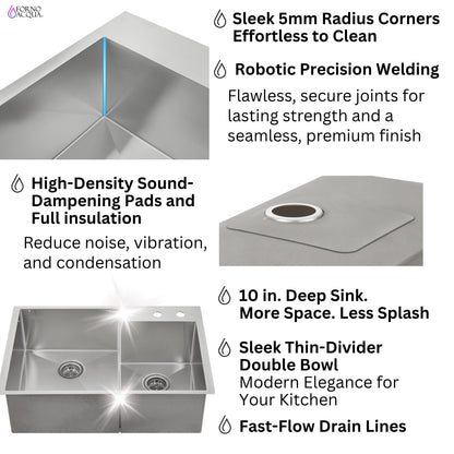 FORNO ACQUA 33 in. Drop-In/Undermount 40/60 Double Bowl Stainless Steel Sink with Waterfall Faucet