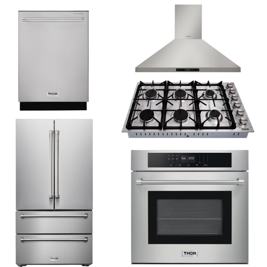 THOR Kitchen Package - 30" Wall Oven, 36" Gas Cooktop, Range Hood, Refrigerator, Dishwasher, HEW3001-HRH3607-TGC3601-TRF3602-HDW2401SS