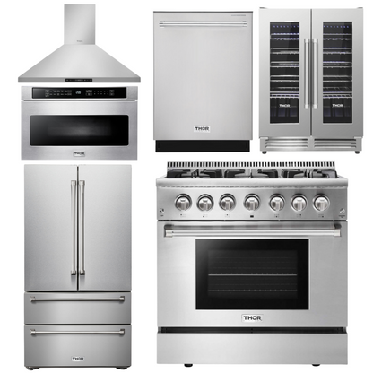THOR Kitchen Package - 36" Dual Fuel Range, Range Hood, Microwave, Refrigerator, Dishwasher, Wine Cooler, HRD3606U-HRH3607-TRF3602-HDW2401SS-TWC2402-TMD2401