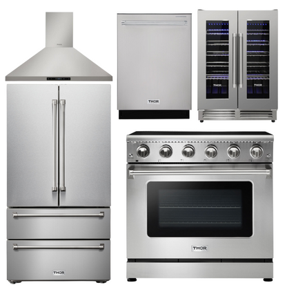 THOR Kitchen Package - 36" Electric Range, Range Hood, Refrigerator, Dishwasher, Wine Cooler, HRE3601-HRH3607-TRF3602-HDW2401SS-TWC2402