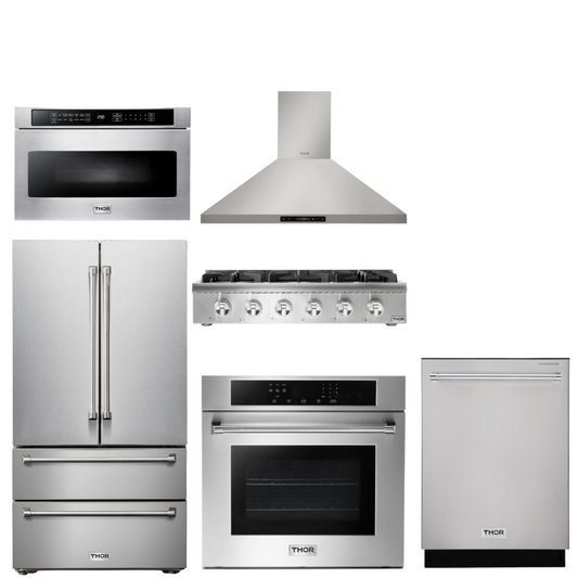THOR Kitchen Package - 36" Gas Rangetop, Range Hood, Wall Oven, Refrigerator, Dishwasher, Microwave, HRT3618U-HRH3607-HEW3001-TRF3602-HDW2401SS-TMD2401
