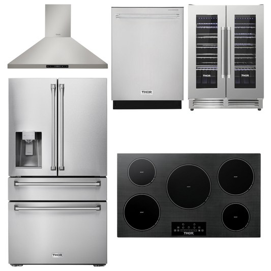 THOR Kitchen Package - 36" Induction Cooktop, Range Hood, Refrigerator with Water and Ice Dispenser, Dishwasher, Wine Cooler, TIH36-HRH3607-TRF3601FD-HDW2401SS-TWC2402