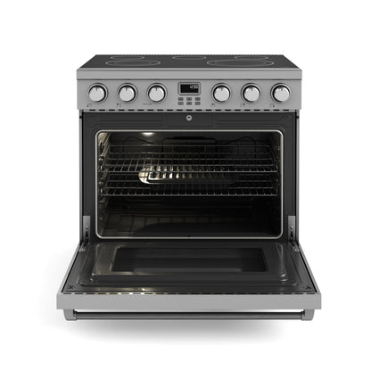 THOR Kitchen Package - 36" Electric Range, Range Hood, Microwave, Refrigerator with Water and Ice Dispenser, Dishwasher, ARE36-HRH3607-TRF3601FD-HDW2401SS-TMD2401