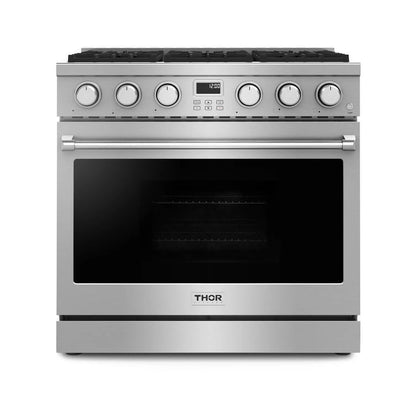THOR Contemporary Package - 36" Gas Range, Range Hood, Refrigerator and Microwave, ARG36LP-HRH3607-TRF3601FD-TMD3002