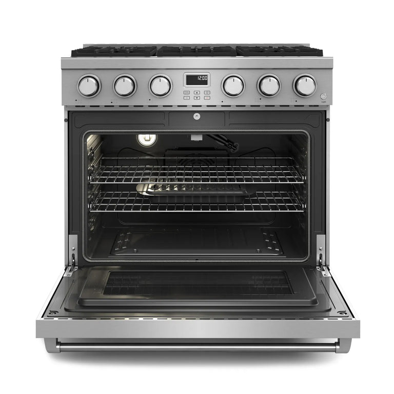THOR Contemporary Package - 36" Gas Range, Range Hood, Refrigerator and Microwave, ARG36LP-HRH3607-TRF3601FD-TMD3002