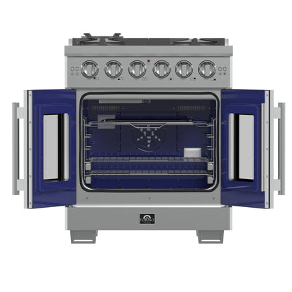 Forno Capriasca 30-Inch Freestanding French Door Gas Range, 4 Burners, Convection Oven, Energy Efficient