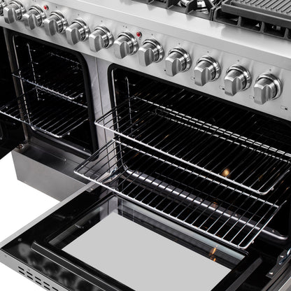 FORNO Galiano 48-Inch French Door Dual Fuel Range All Stainless Steel, 8 Sealed Burners, 107,000 BTU, Griddle, 6.58 cu.ft. Double Ovens