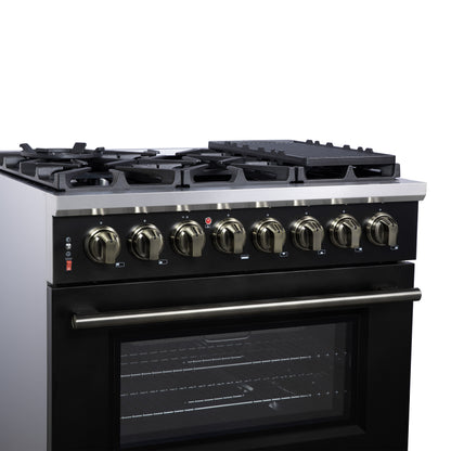 Forno Massimo 36 Inch Freestanding Dual Fuel Range in Black with Antique Brass Accessories, 6 Burners, 5.36 cu. ft. Convection Oven