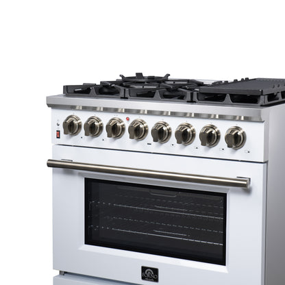 Forno Massimo 36 Inch Freestanding Dual Fuel Range in White with Antique Brass Accessories, 6 Burners, 5.36 cu. ft. Convection Oven