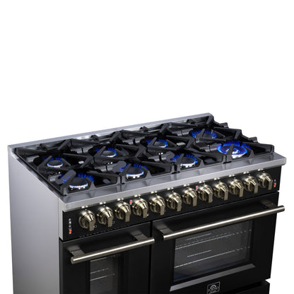 Forno Massimo 48 Inch Freestanding Dual Fuel Range in Black with Antique Brass Accessories, 8 Burners, 6.58 cu. ft. Convection Oven