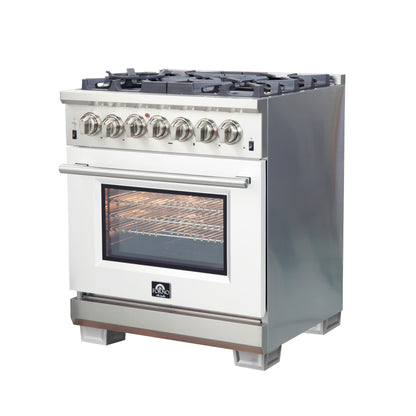 Forno Capriasca 30-Inch Freestanding Dual Fuel Range, 4 Burners, True Convection Oven
