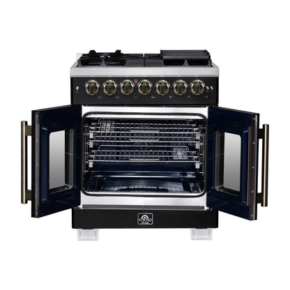 Forno Capriasca 30-Inch Freestanding French Door Dual Fuel Range in Black with Antique Brass Accessories, 5 Burners, True Convection Oven