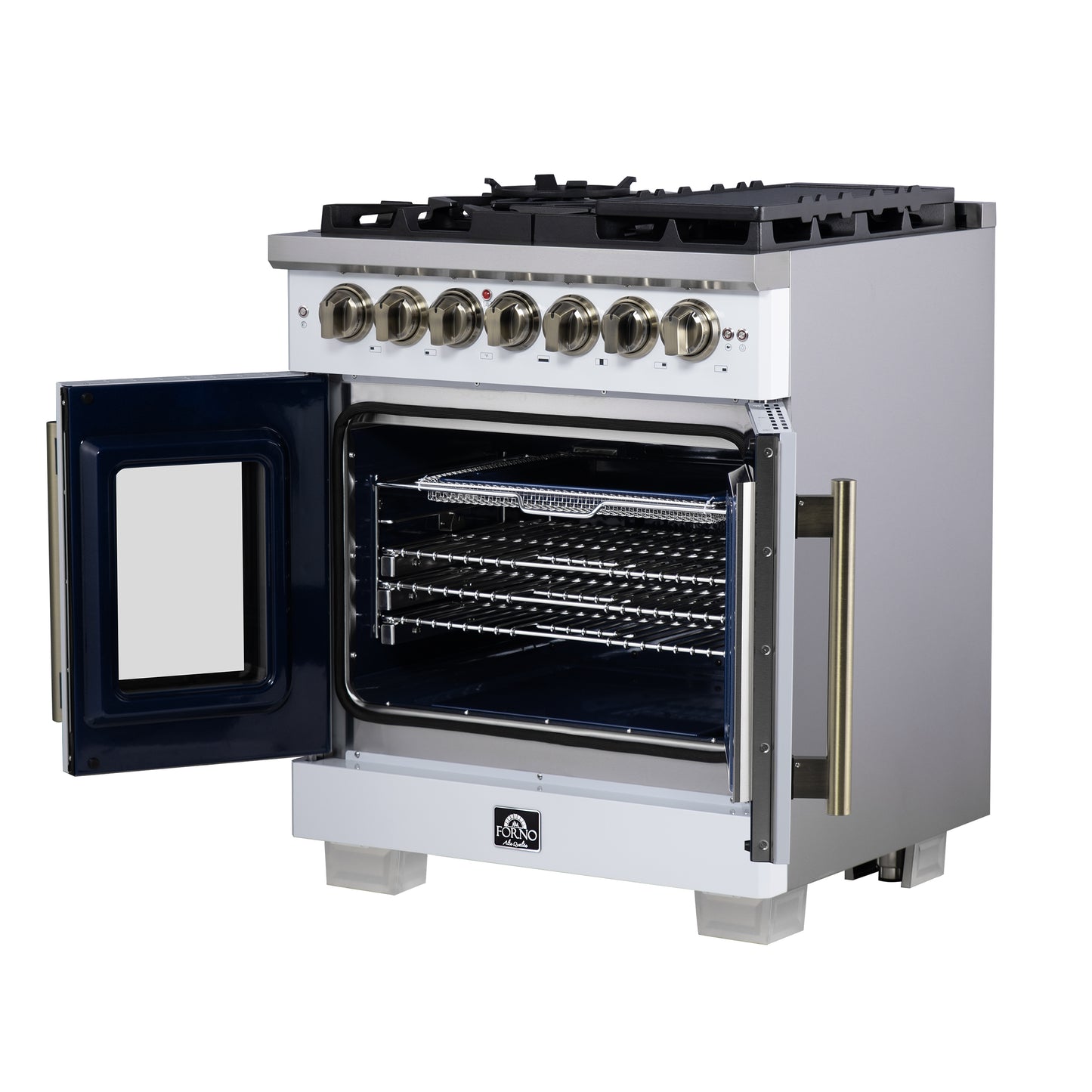 Forno Capriasca 30-Inch Freestanding French Door Dual Fuel Range in White with Antique Brass Accessories, 5 Burners, True Convection Oven