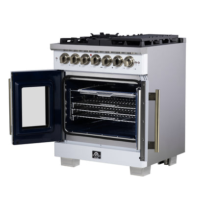 Forno Capriasca 30-Inch Freestanding French Door Dual Fuel Range in White with Antique Brass Accessories, 5 Burners, True Convection Oven
