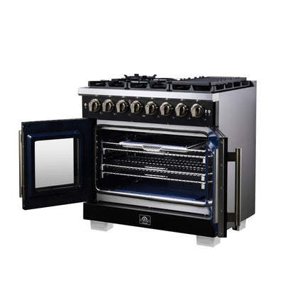 Forno Capriasca 36 Inch Freestanding French Door Dual Fuel Range in Black with Antique Brass Accessories, 6 Burners, True Convection Oven