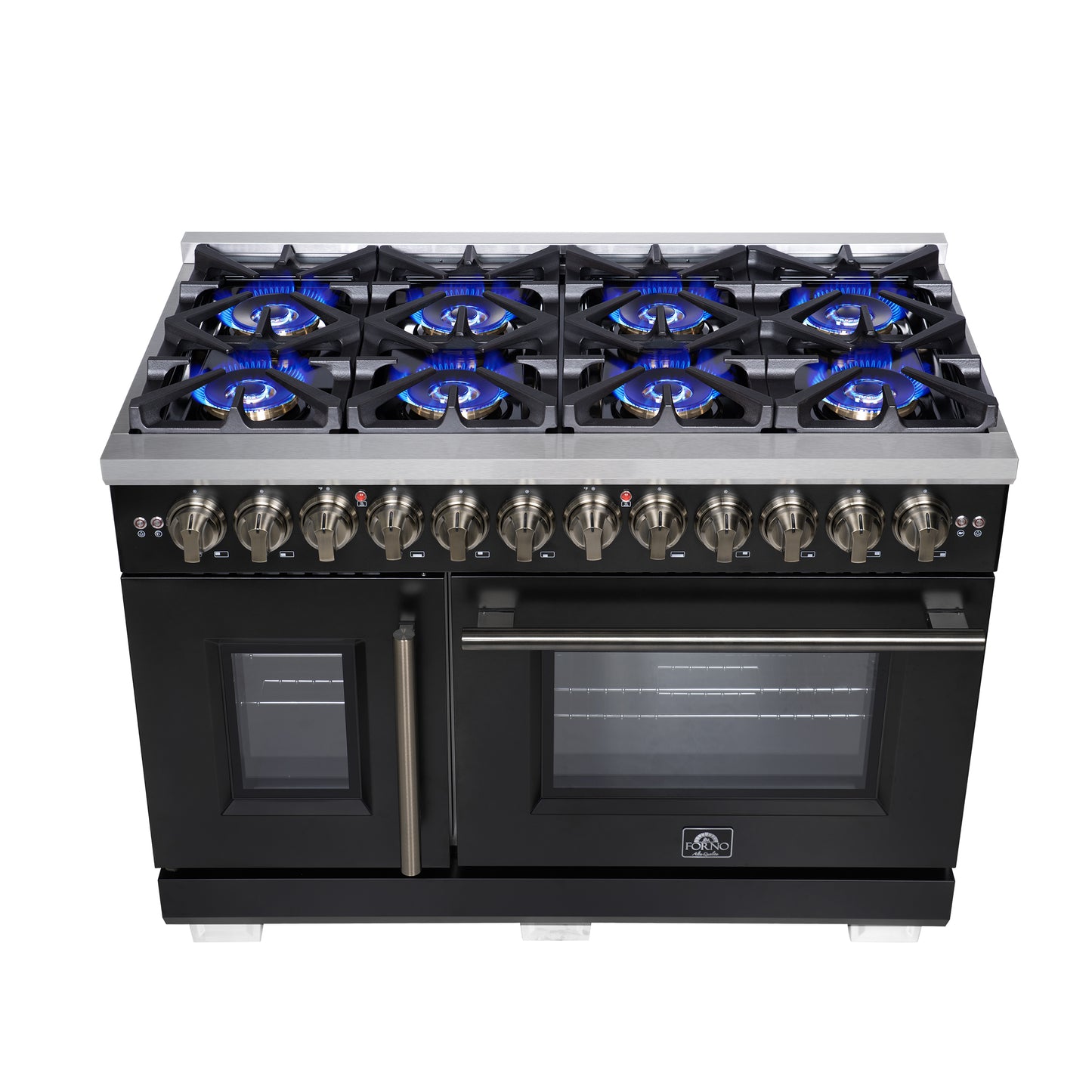 Forno Capriasca 48 Inch Freestanding French Door Dual Fuel Range in Black with Antique Brass Accessories, 8 Burners, True Convection Oven