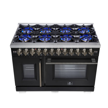 Forno Capriasca 48 Inch Freestanding French Door Dual Fuel Range in Black with Antique Brass Accessories, 8 Burners, True Convection Oven