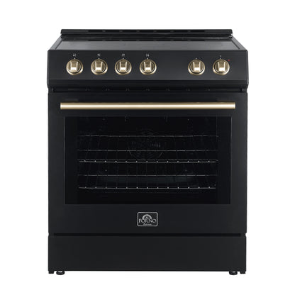 FORNO Premium 3-Piece Kitchen Bundle - Leonardo Espresso 30" Black Range, 31" Black Bottom Freezer Refrigerator, 24" Black Built-In Dishwasher - FBDL-007-02US